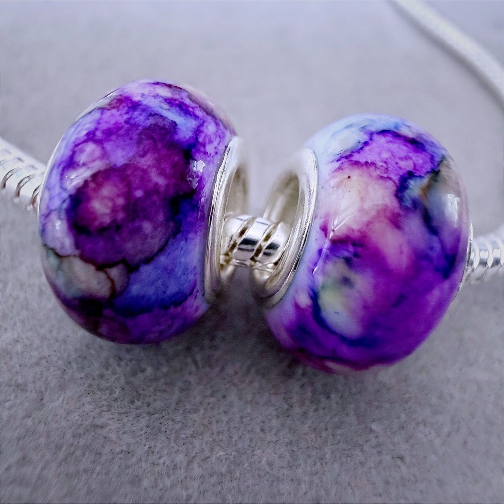 Purple Marbled Glass European Bead Charms fits PANDORA Set of 2